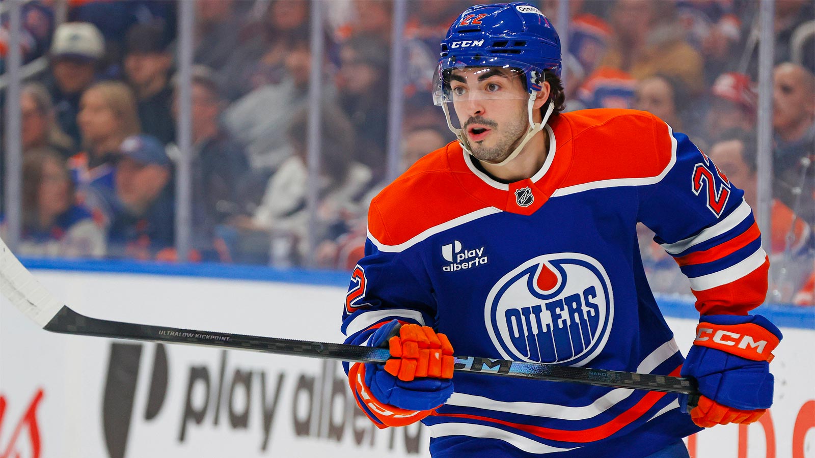 Edmonton Oilers forward Matt Savoie (22) looks for a loose puck against the Tampa Bay Lightning at Rogers Place. 