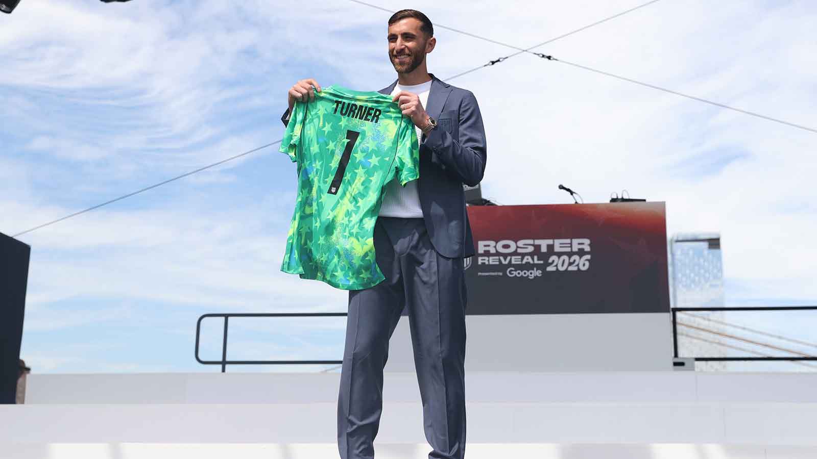 Matt Turner poses for photos during the United States men's national team roster reveal for the 2026 FIFA World Cup at The Rooftop at Pier 17.