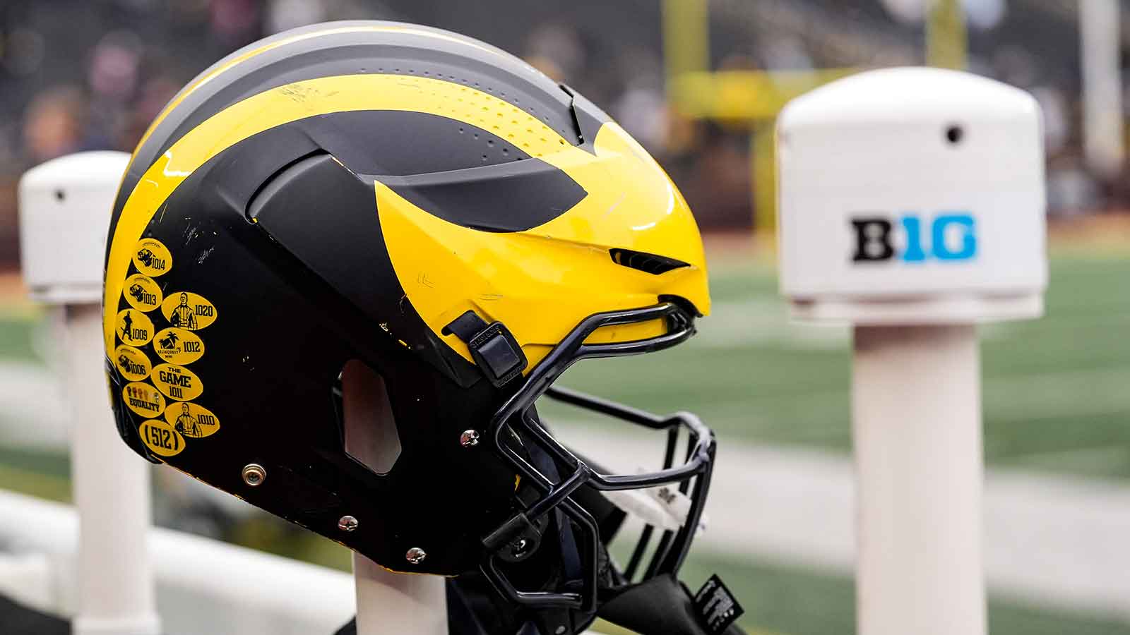 A Michigan football helmet during the spring game at Michigan Stadium in Ann Arbor on Saturday, April 18, 2026.