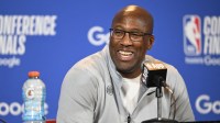 New York Knicks head coach Mike Brown speaks with media before game four of the eastern conference finals for the 2026 NBA playoffs against the Cleveland Cavaliers at Rocket Arena.