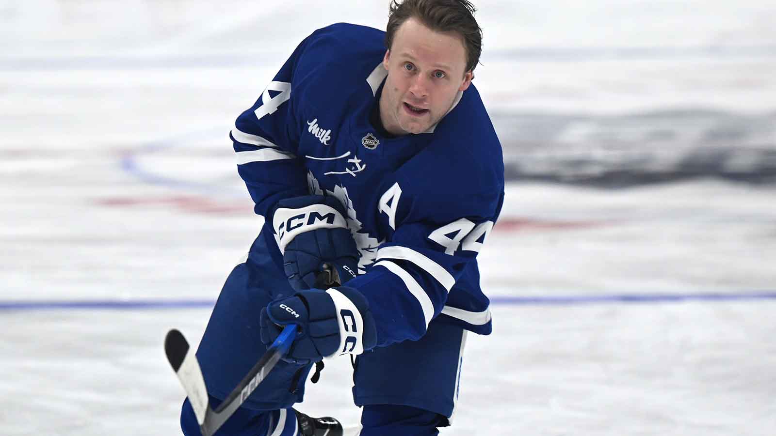 Toronto Maple Leafs defenseman Morgan Rielly (60) warms up before playing the Winnipeg Jets at Scotiabank Arena.