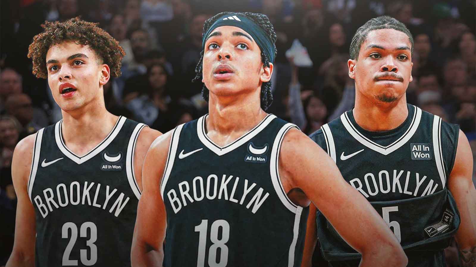 Darius Acuff Jr., Mikel Brown Jr., and Keaton Wagler in Nets uniforms