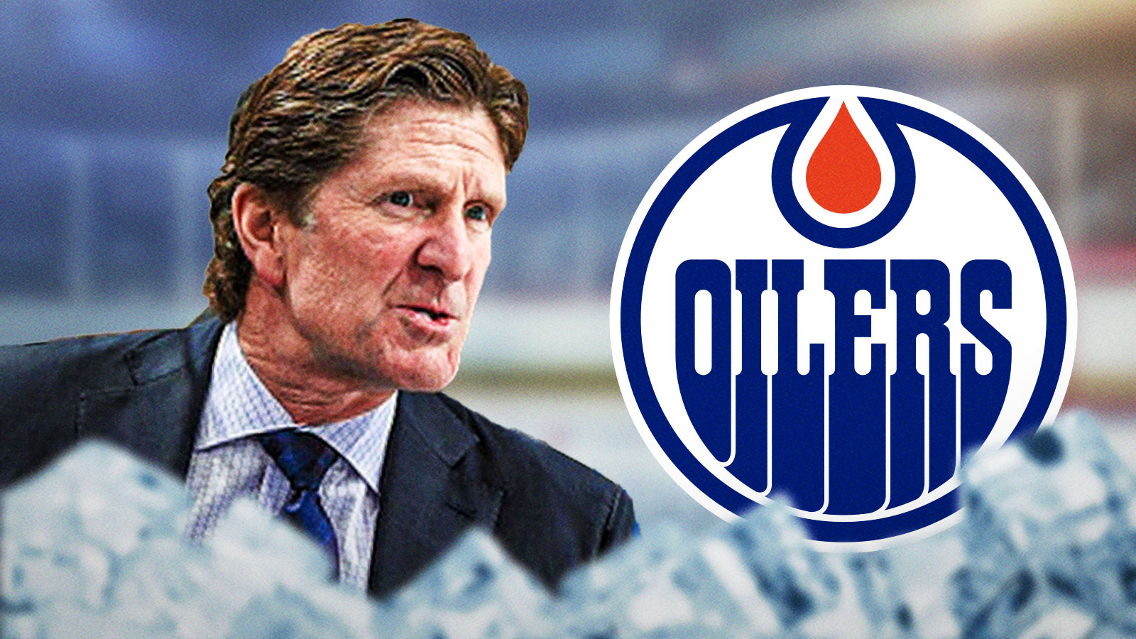 Mike Babcock looking stern in a suit, Edmonton Oilers logo, hockey rink in background