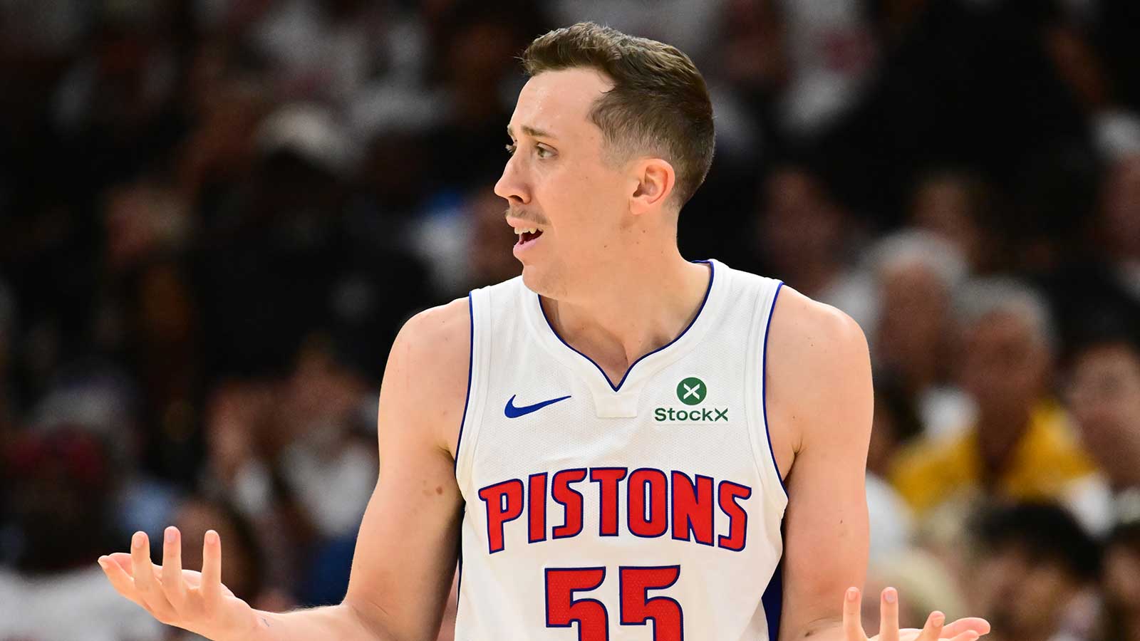 Pistons forward Duncan Robinson (55) reacts after a play against the Cleveland Cavaliers during the second half of game three in the second round of the 2026 NBA Playoffs at Rocket Arena