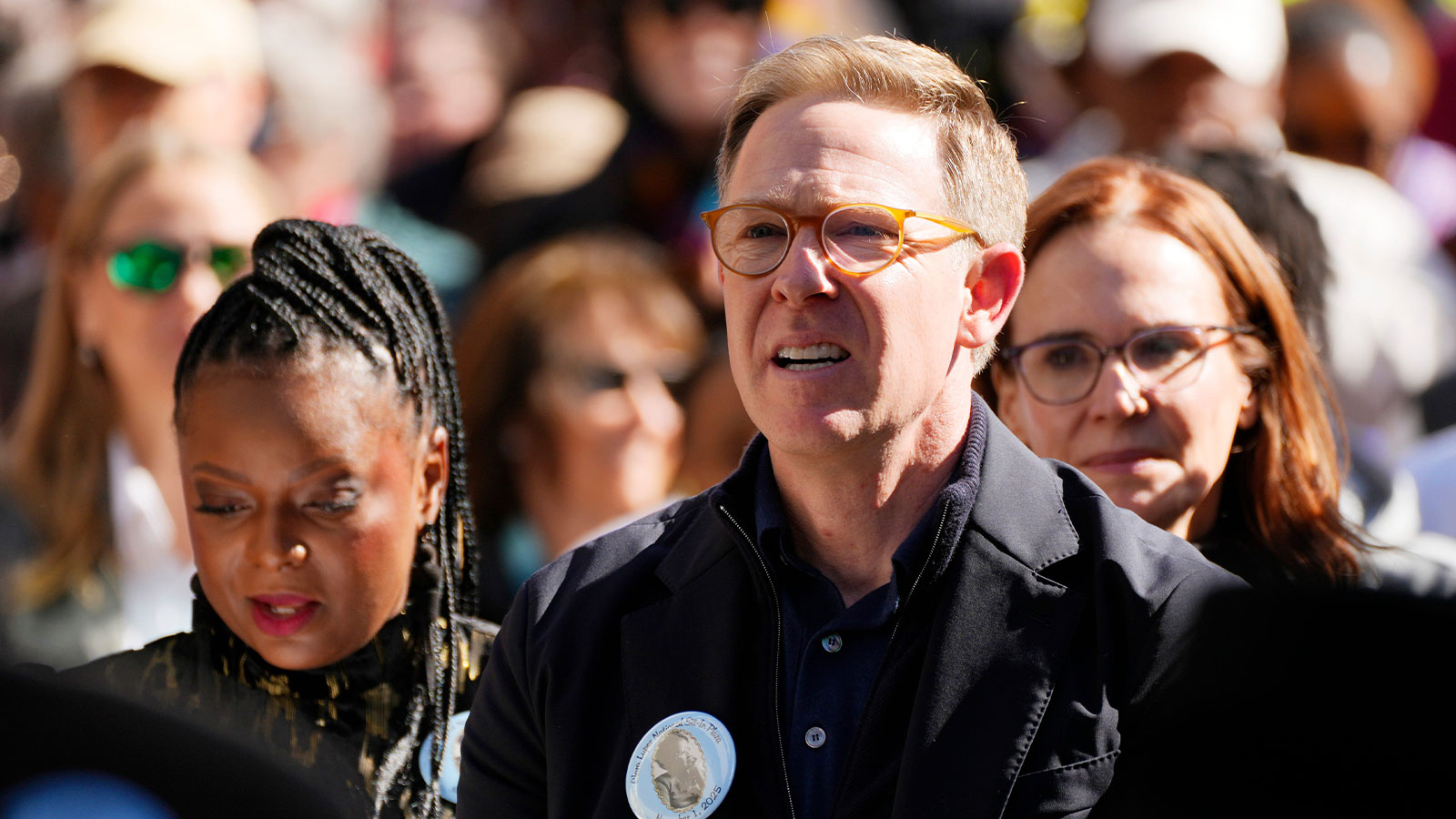 Sam Presti sings along with the crowd during the dedication of the Clara Luper National Sit In Plaza, Saturday, Nov. 1, 2025.