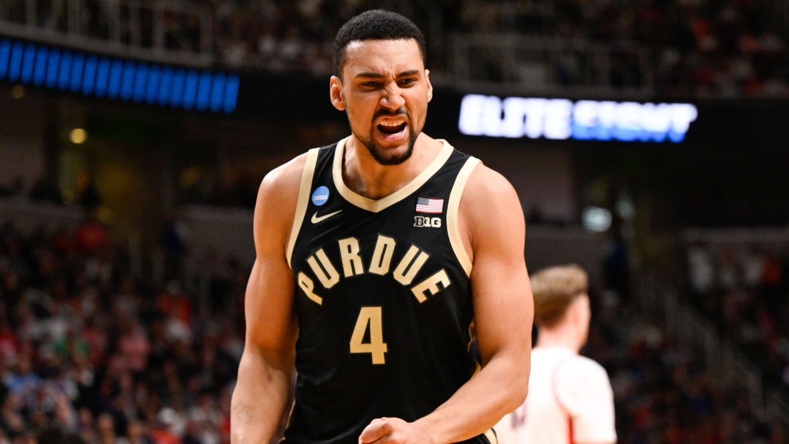 Purdue Boilermakers forward Trey Kaufman-Renn (4) reacts in the first half against the Arizona Wildcats during an Elite Eight game of the West Regional of the men's 2026 NCAA Tournament at SAP Center.