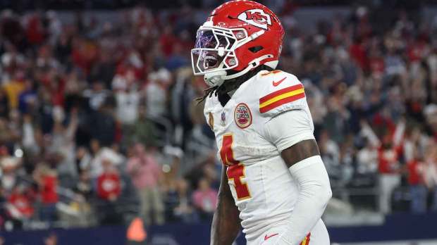 Kansas City Chiefs wide receiver Rashee Rice (4) celebrates after a touchdown against the Dallas Cowboys during the fourth quarter at AT&T Stadium.