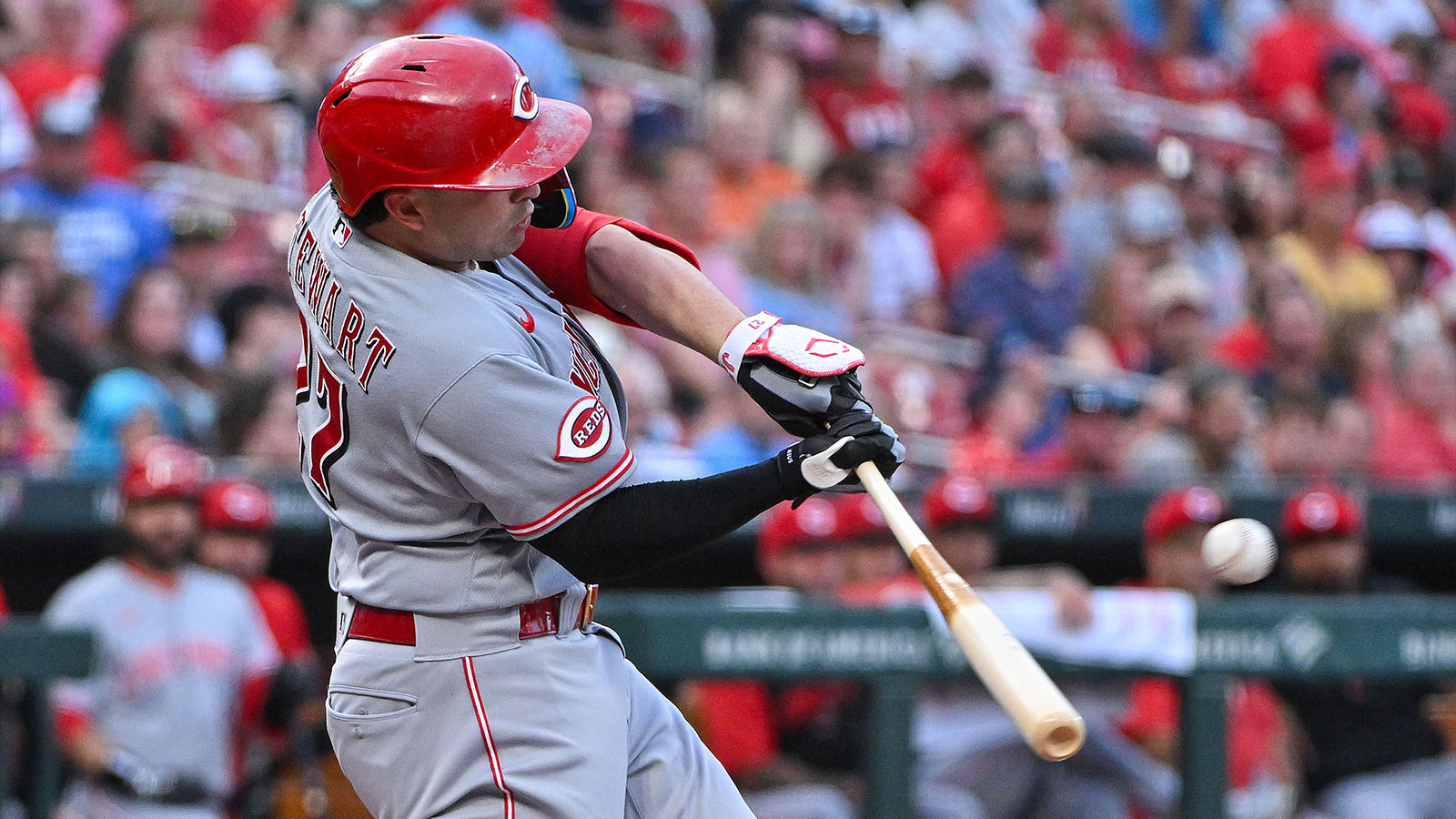 Cincinnati Reds first baseman Sal Stewart (27) hits a two run double against the St. Louis Cardinals during the first inning at Busch Stadium.