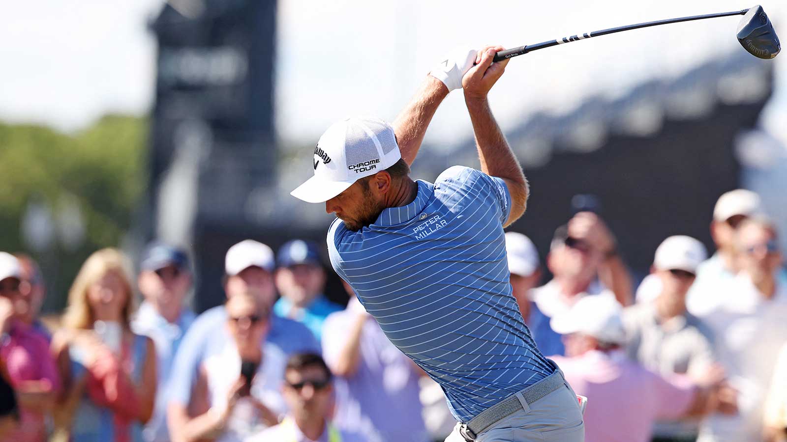 New York, USA; Sam Burns makes his drive on nine during the final round of the U.S. Open golf tournament at Shinnecock Hills Golf Club