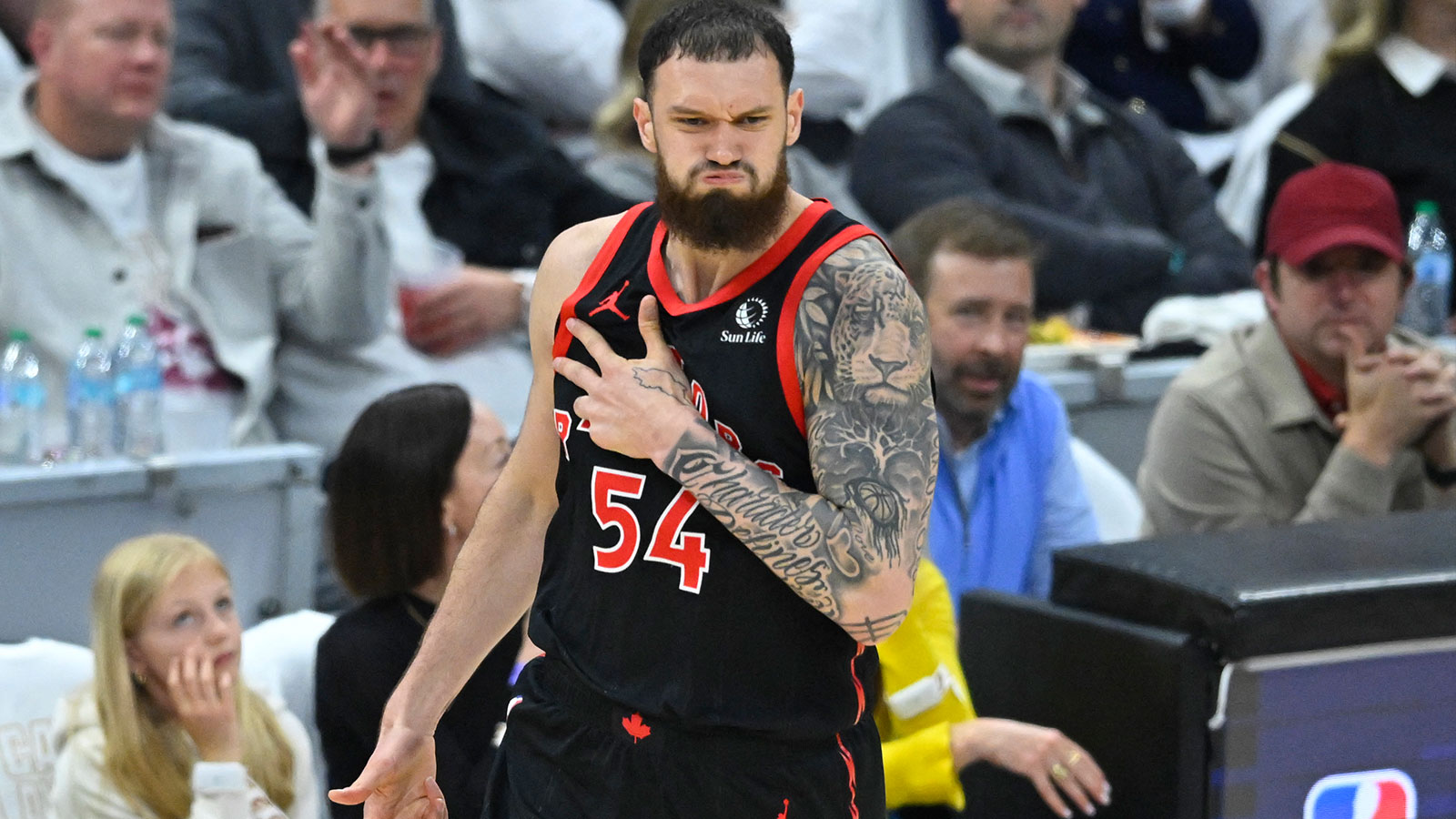 Toronto Raptors forward Sandro Mamukelashvili (54) celebrates his three-point basket against the Cleveland Cavaliers in the third quarter of game five of the first round of the 2026 NBA Playoffs at Rocket Arena. 