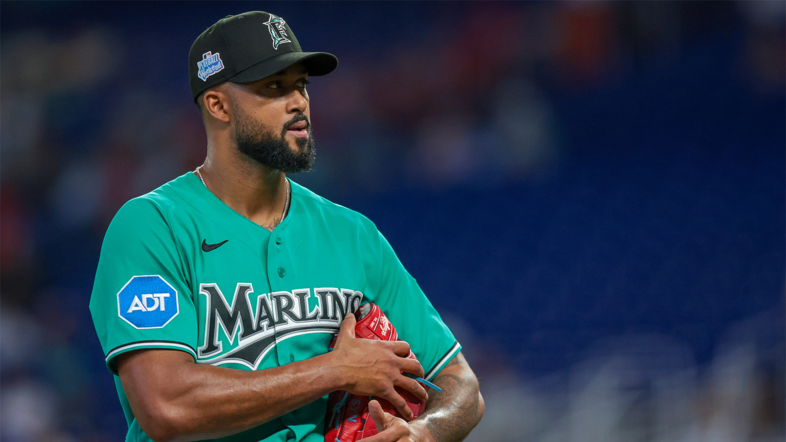 Miami Marlins starting pitcher Sandy Alcantara (22) looks on against the Tampa Bay Rays during the first inning at loanDepot Park. 