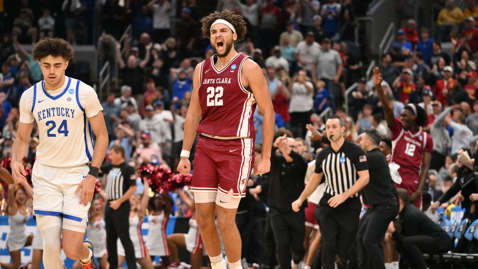 Santa Clara Broncos forward Allen Graves (22) reacts after making a basket against Kentucky Wildcats center Malachi Moreno (24) during the second half of a first round game of the men's 2026 NCAA Tournament at Enterprise Center. 