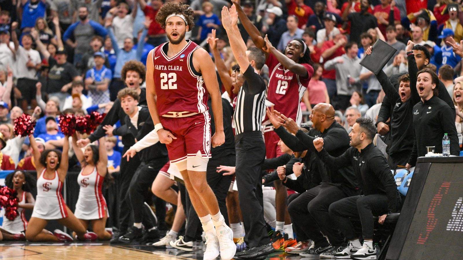 Santa Clara Broncos forward Allen Graves (22) reacts after making a basket against the Kentucky Wildcats during the second half of a first round game of the men's 2026 NCAA Tournament at Enterprise Center.