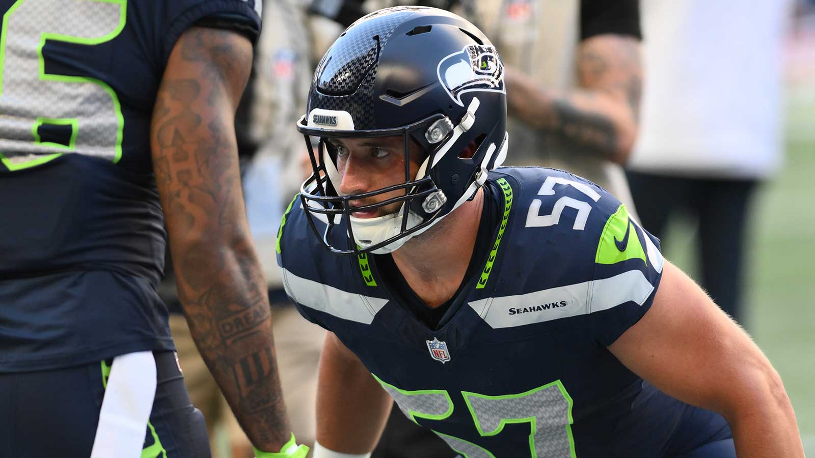 Seattle Seahawks linebacker Patrick O'Connell (57) during warmups prior to the game at Lumen Field. 