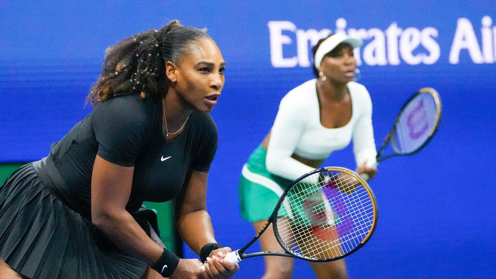 Serena Williams and Venus Williams of the USA play Lucie Hradecka and Linda Noskova of the Czech Republic in in women's doubles on day four of the 2022 U.S. Open tennis tournament at USTA Billie Jean King National Tennis Center.