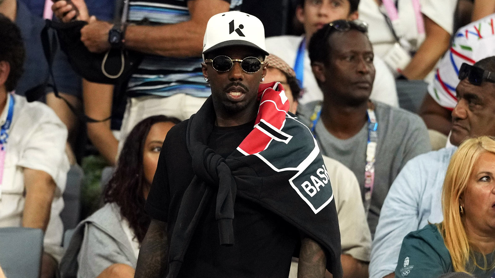 Sports agent Rich Paul looks on in the second half of the men’s basketball quarterfinal game between the United States and Brazil during the Paris 2024 Olympic Summer Games at Accor Arena.
