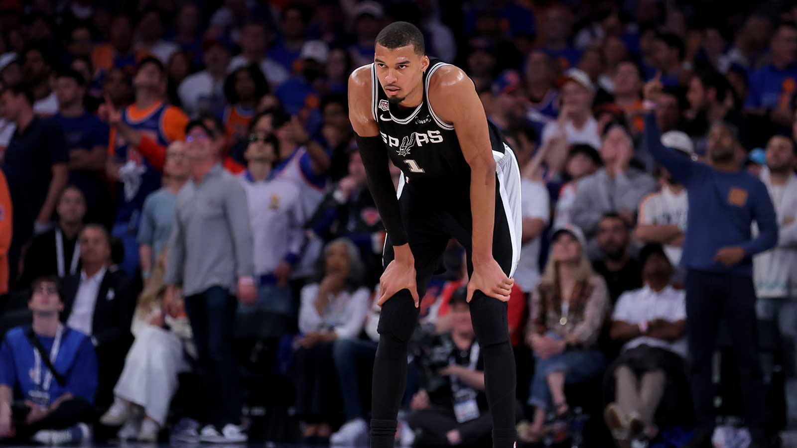 Spurs forward Victor Wembanyama (1) reacts during the fourth quarter of game four of the 2026 NBA Finals against the New York Knicks at Madison Square Garden