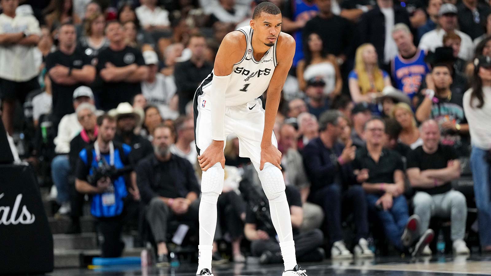 Spurs forward Victor Wembanyama (1) looks on in the second half during game two of the 2026 NBA Finals at Frost Bank Center