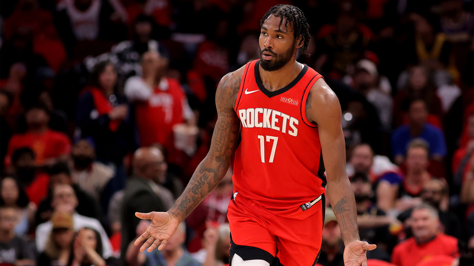 Houston Rockets forward Tari Eason (17) reacts after a made basket against the Los Angeles Lakers during the third quarter of game six of the first round of the 2026 NBA Playoffs at Toyota Center. 