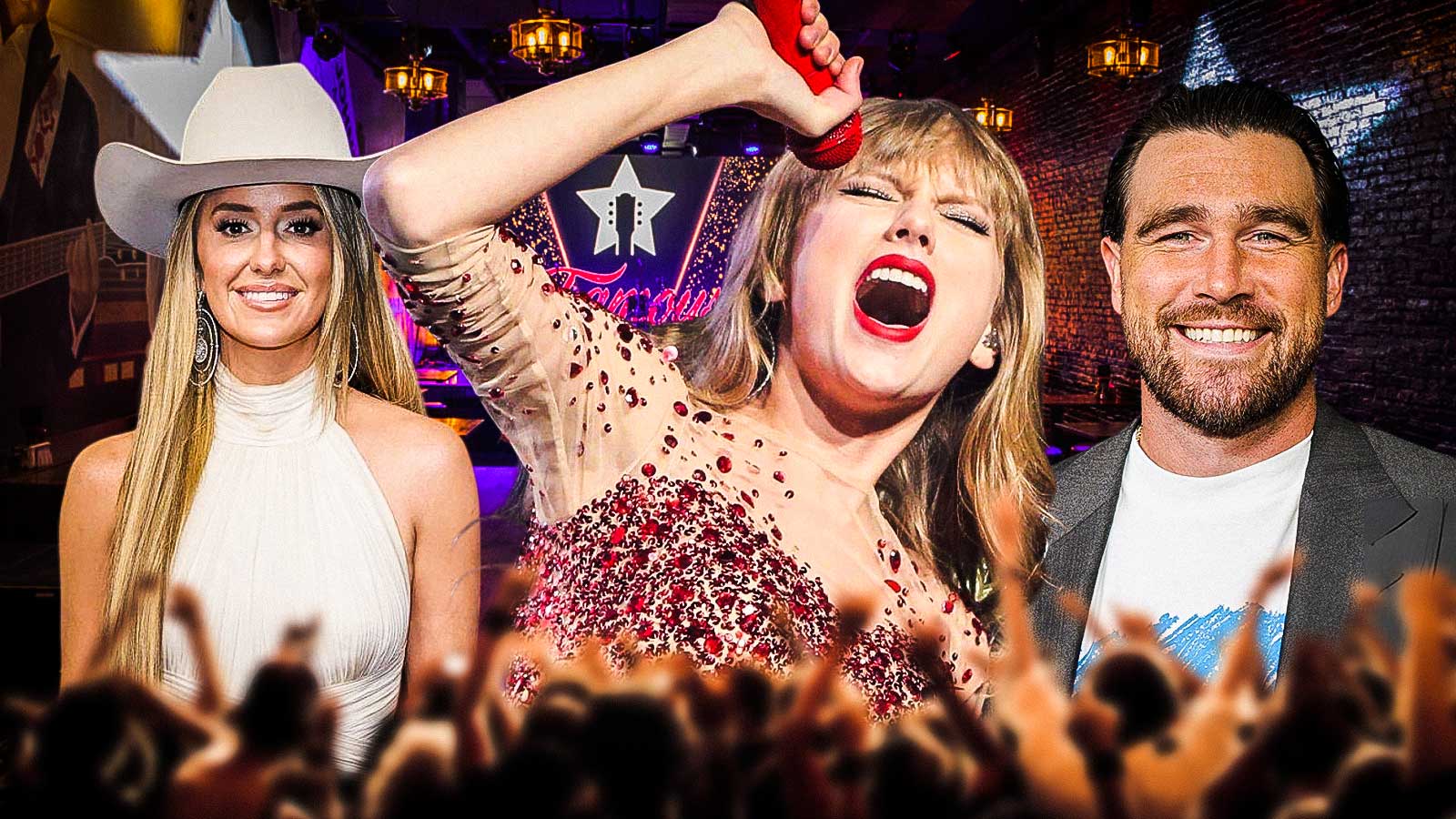 Taylor Swift flaunts engagement ring during performance with Lainey Wilson at Travis Kelce's TEU