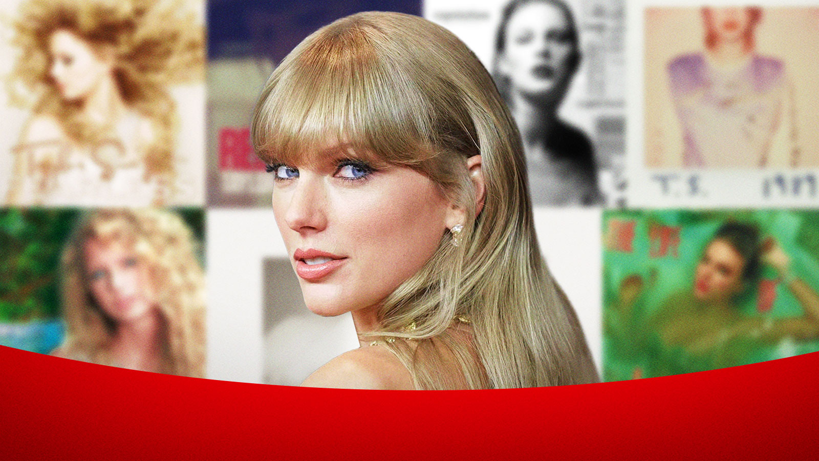 Taylor Swift with her various album covers in the background.
