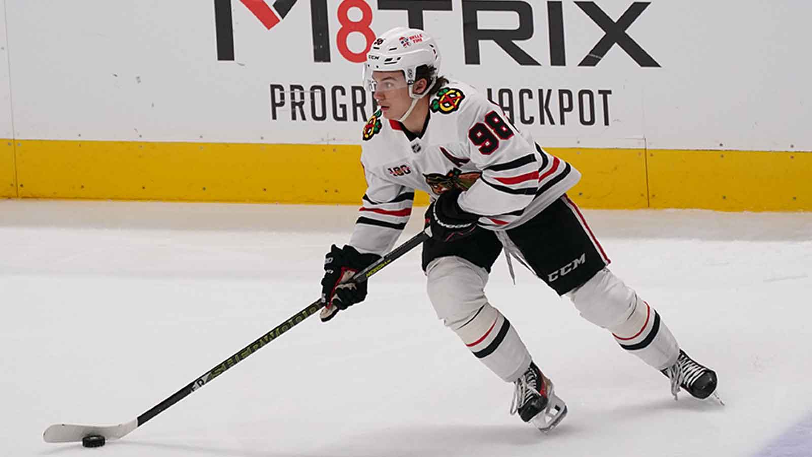Chicago Blackhawks center Connor Bedard (98) controls the puck against the San Jose Sharks in the third period at SAP Center at San Jose. 