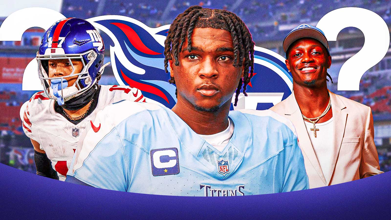 Cam Ward, Carnell Tate, Wan'Dale Robinson with Giants logo front and center and a big question mark