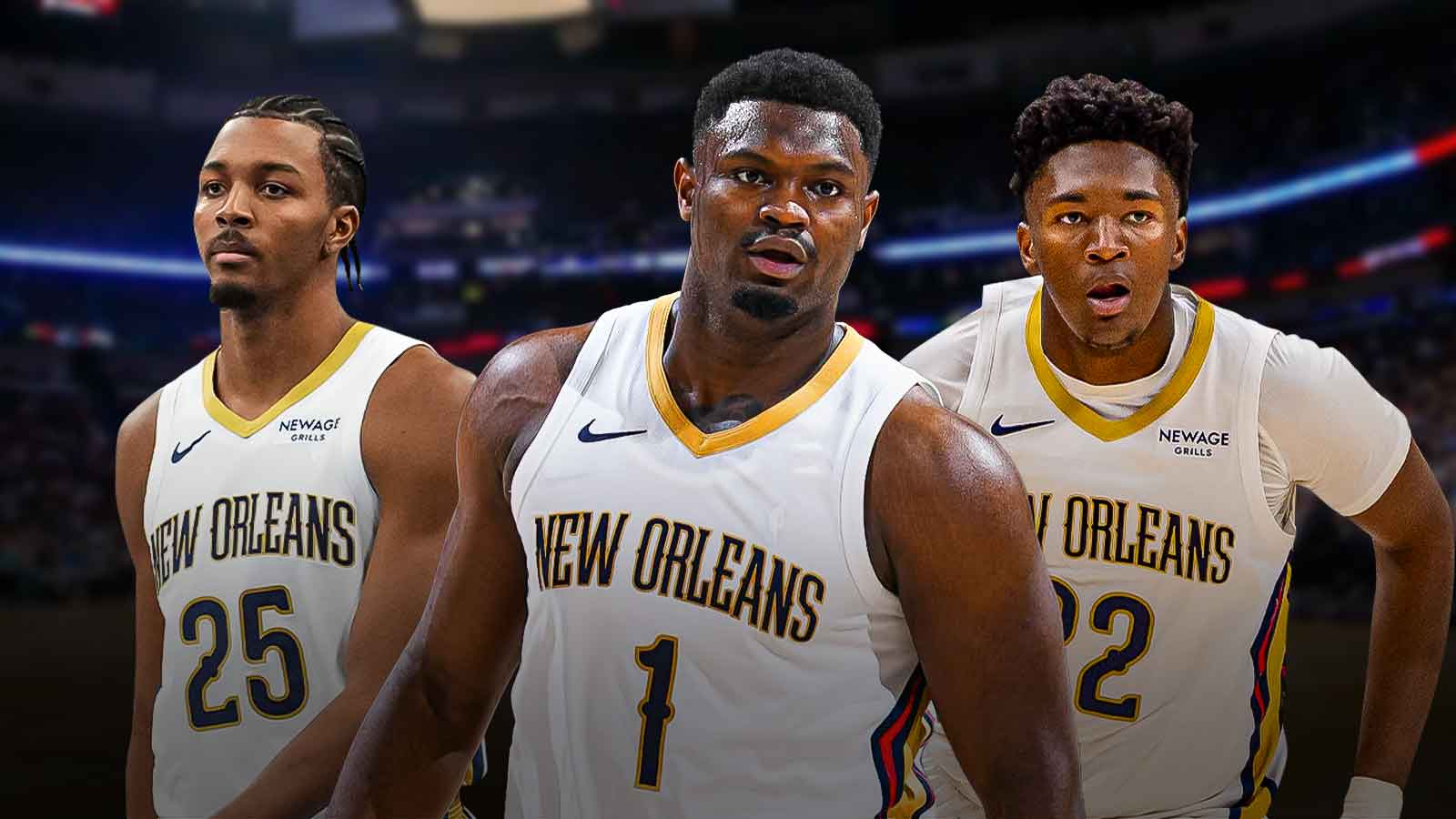 - Zion WIlliamson in the middle - Trey Murphy III and Derik Queen around him - New Orleans Pelicans wallpaper in the background