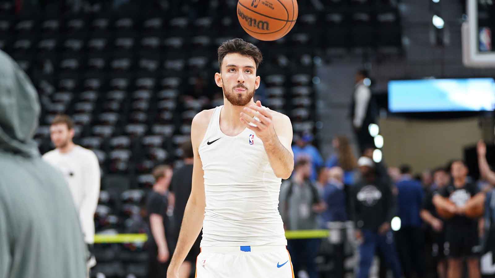 Thunder center Chet Holmgren (7) warms up before the start of game six of the western conference finals for the 2026 NBA playoffs at Frost Bank Center