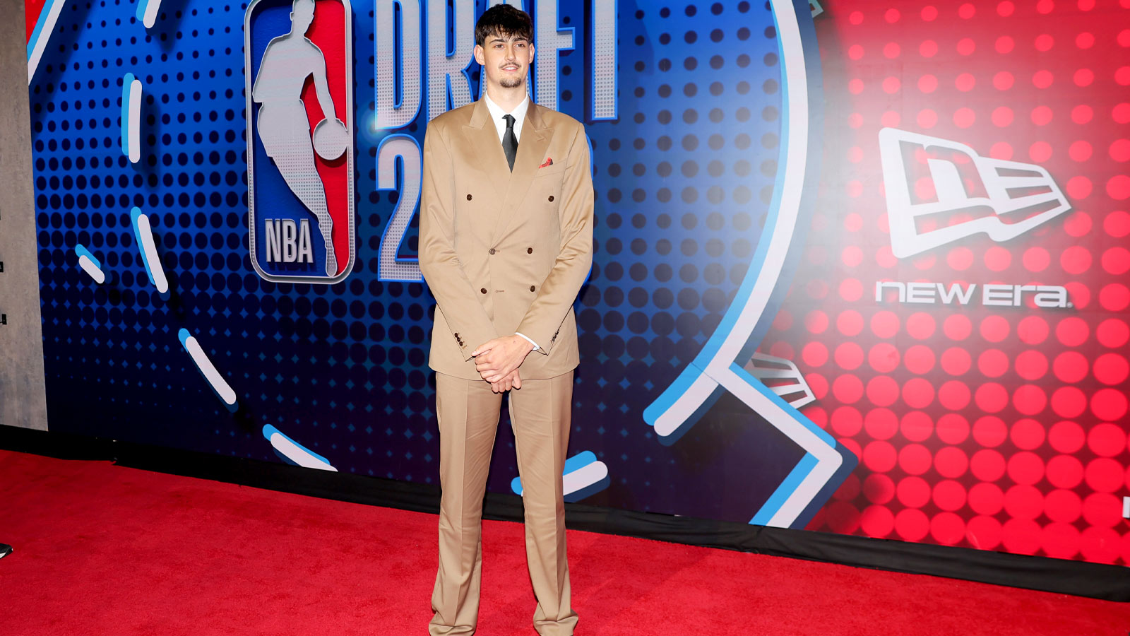 Thunder rookie Aday Mara poses for photos on the red carpet before the 2026 NBA draft at Barclays Center