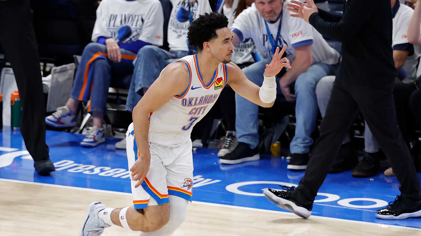 Thunder guard Jared McCain (3) reacts after a basket during the fourth quarter against the San Antonio Spurs in game five of the western conference finals for the 2026 NBA playoffs at Paycom Center