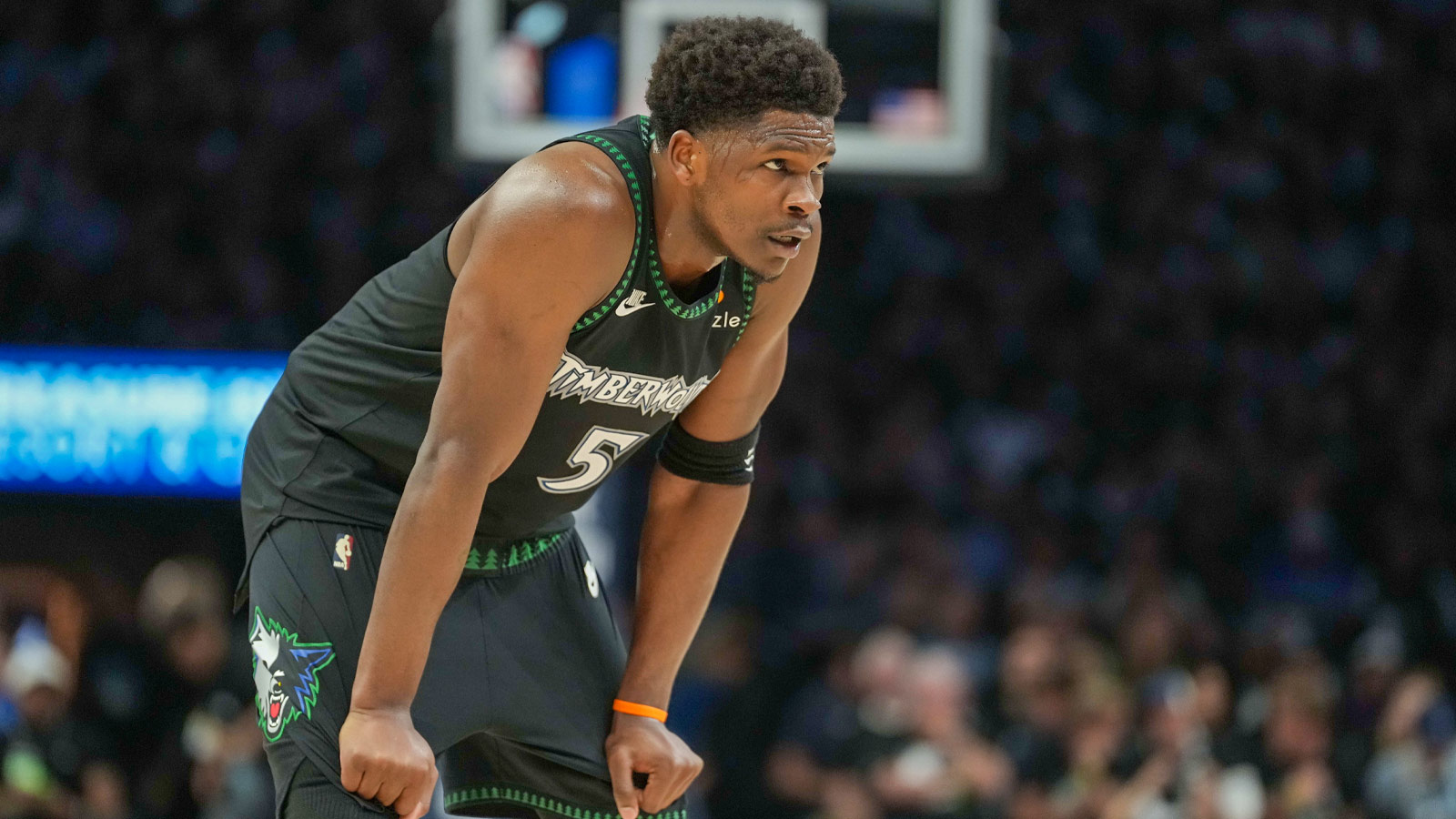 Timberwolves guard Anthony Edwards (5) looks on against the San Antonio Spurs in the first half during game six of the second round of the 2026 NBA Playoffs at Target Center