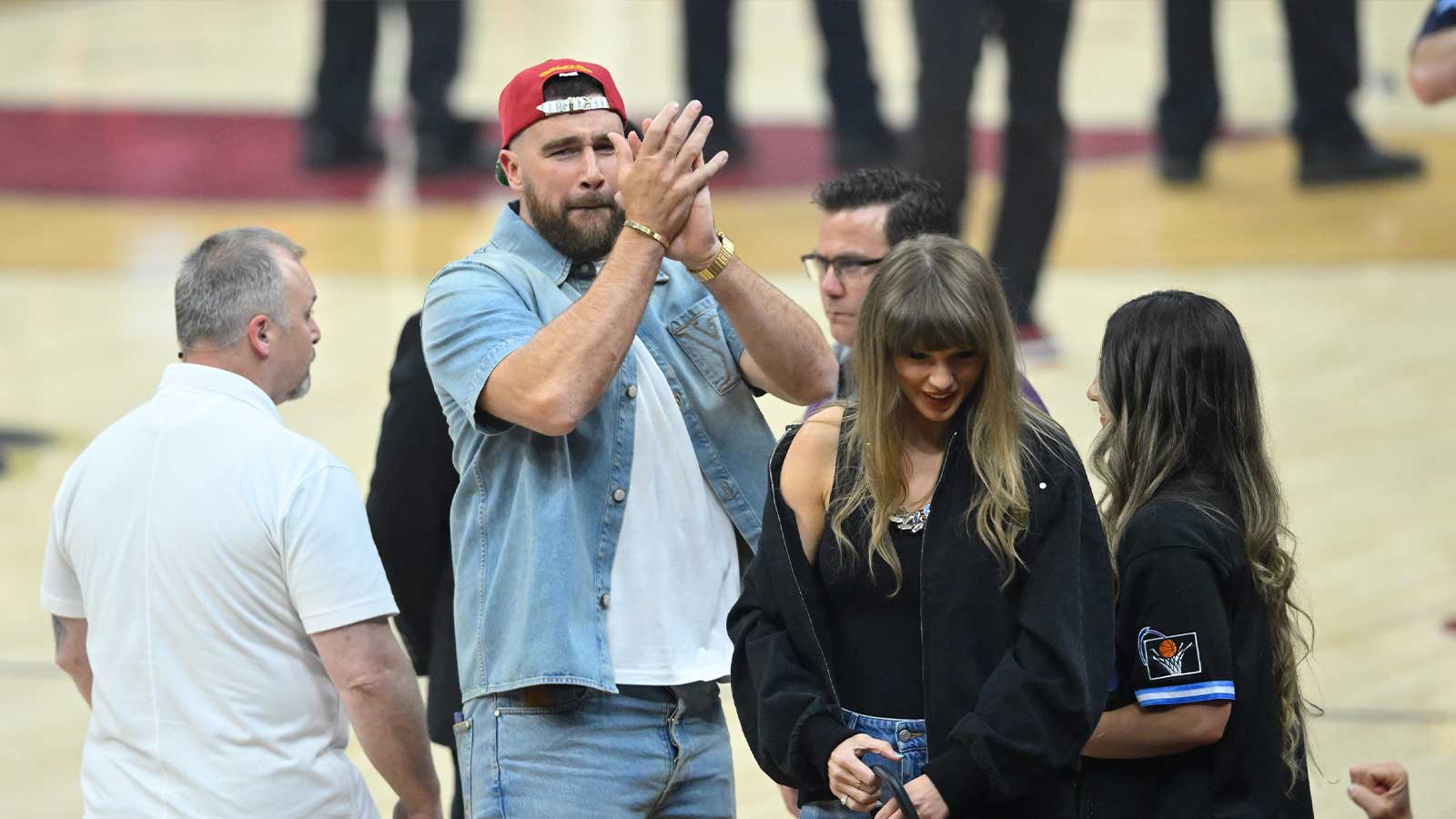 Travis Kelce and Taylor Swift at Cleveland Cavaliers game before their wedding.