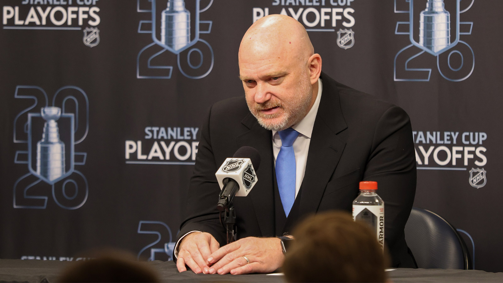 Utah Mammoth head coach Andre Tourigny speaks to the media after game three of the first round of the 2026 Stanley Cup Playoffs against the Vegas Golden Knights at Delta Center. 