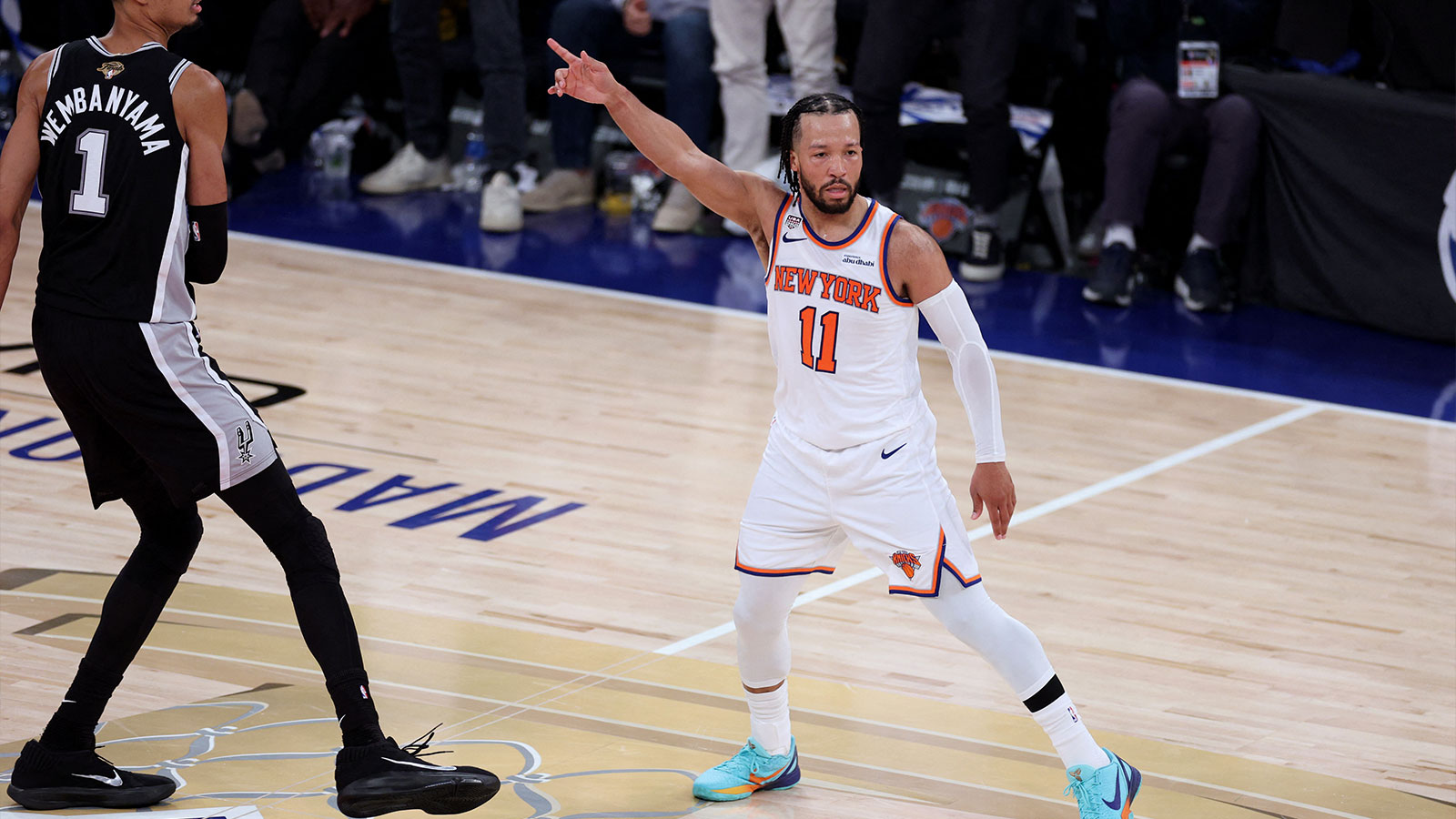 San Antonio Spurs star Victor Wembanyama and New York Knicks guard Jalen Brunson during Game 3 of the NBA Finals.