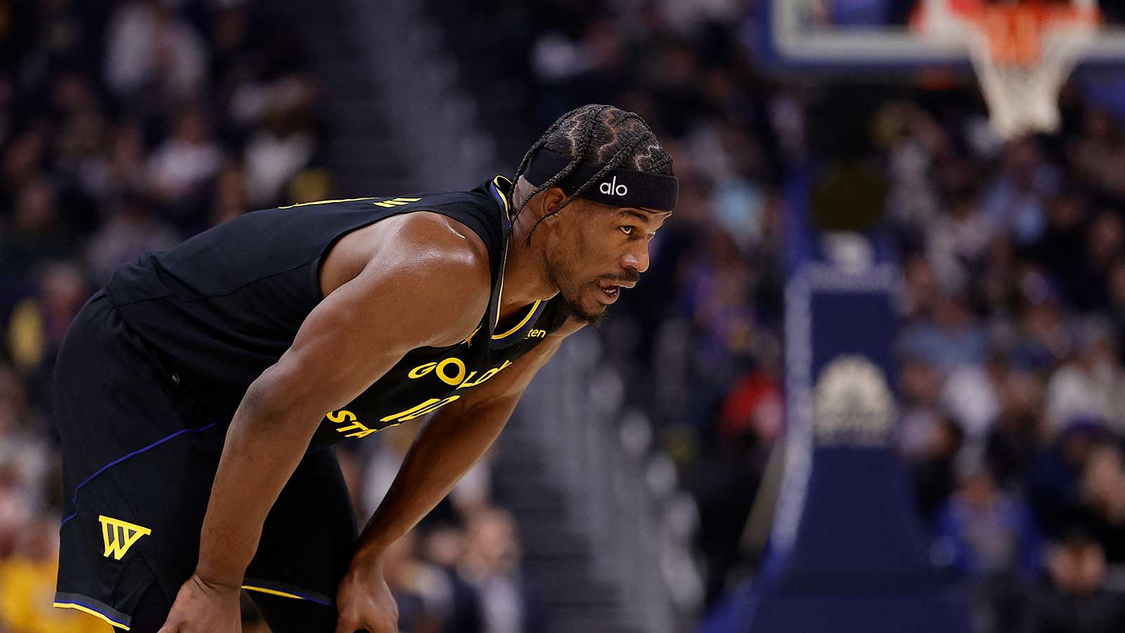Warriors forward Jimmy Butler III (10) between plays against the Miami Heat during the first quarter at Chase Center