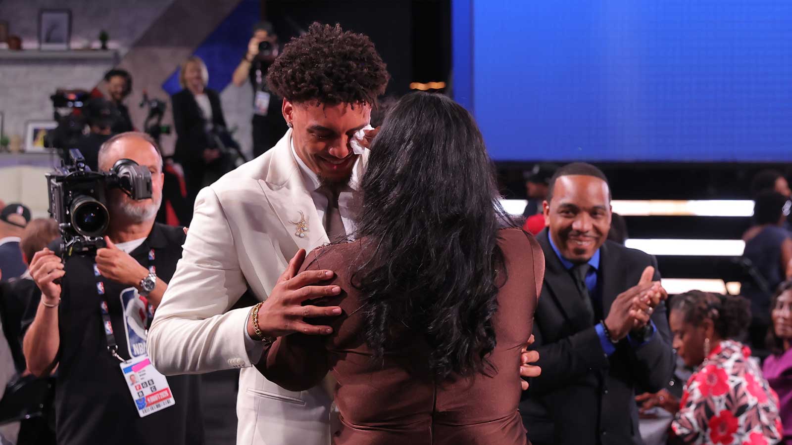 The eleventh pick in the 2026 NBA draft, Michigan forward Yaxel Lendeborg reacts after he was selected by the Golden State Warriors at Barclays Center.