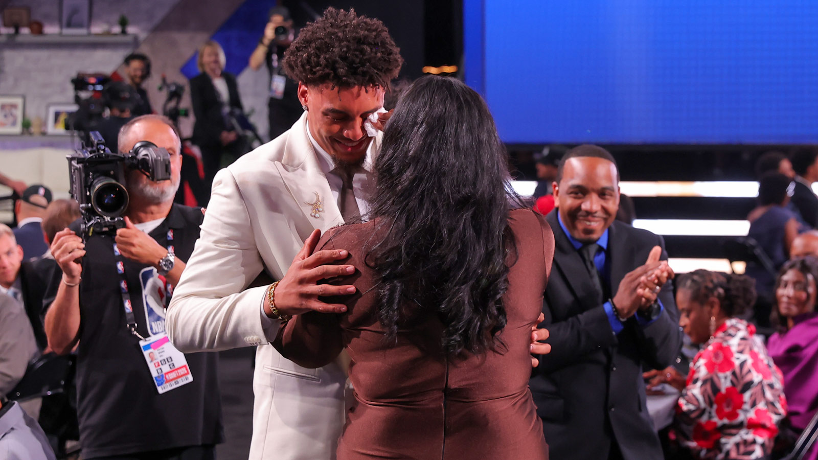 The eleventh pick in the 2026 NBA draft, Michigan forward Yaxel Lendeborg reacts after he was selected by the Golden State Warriors at Barclays Center.