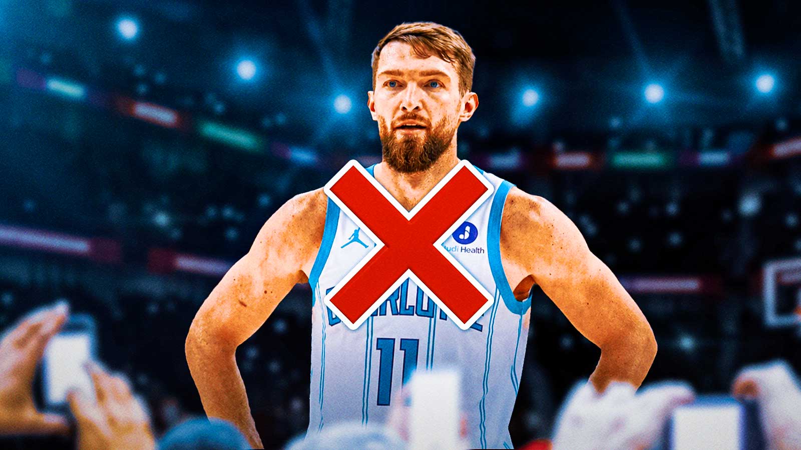 Domantas Sabonis in Hornets uniform, with X mark over him