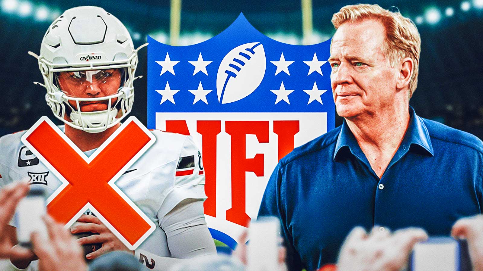 Texas Tech QB Brendan Sorsby with an X over him, NFL commissioner Roger Goodell next to him NFL logo in front