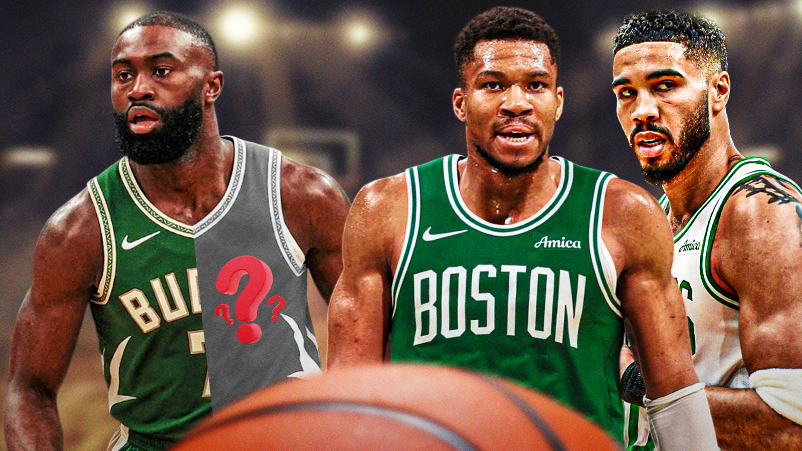 Giannis Antetokounmpo in Celtics uniform next to Jayson Tatum and Jaylen Brown in half ? half Bucks jersey