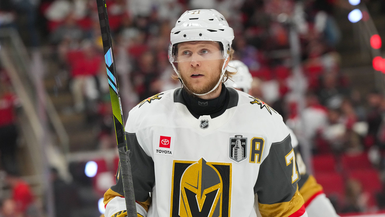 Vegas Golden Knights center William Karlsson (71) looks on against the Carolina Hurricanes during the first period in game two of the 2026 Stanley Cup Final at Lenovo Center. 