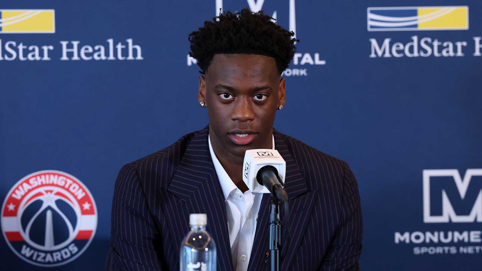 Wizards first round draft pick and number one overall pick AJ Dybantsa speaks to the media during a press conference at InterContinental Hotel