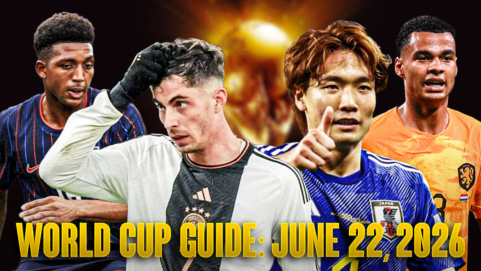 Alex Freeman (USA), Kai Havertz (Germany), Cody Gakpo (Netherlands), and Ko Itakura (Japan) all in their World Cup jerseys with a FIFA World Cup wallpaper background and "World Cup Guide: June 22, 2026" across the bottom