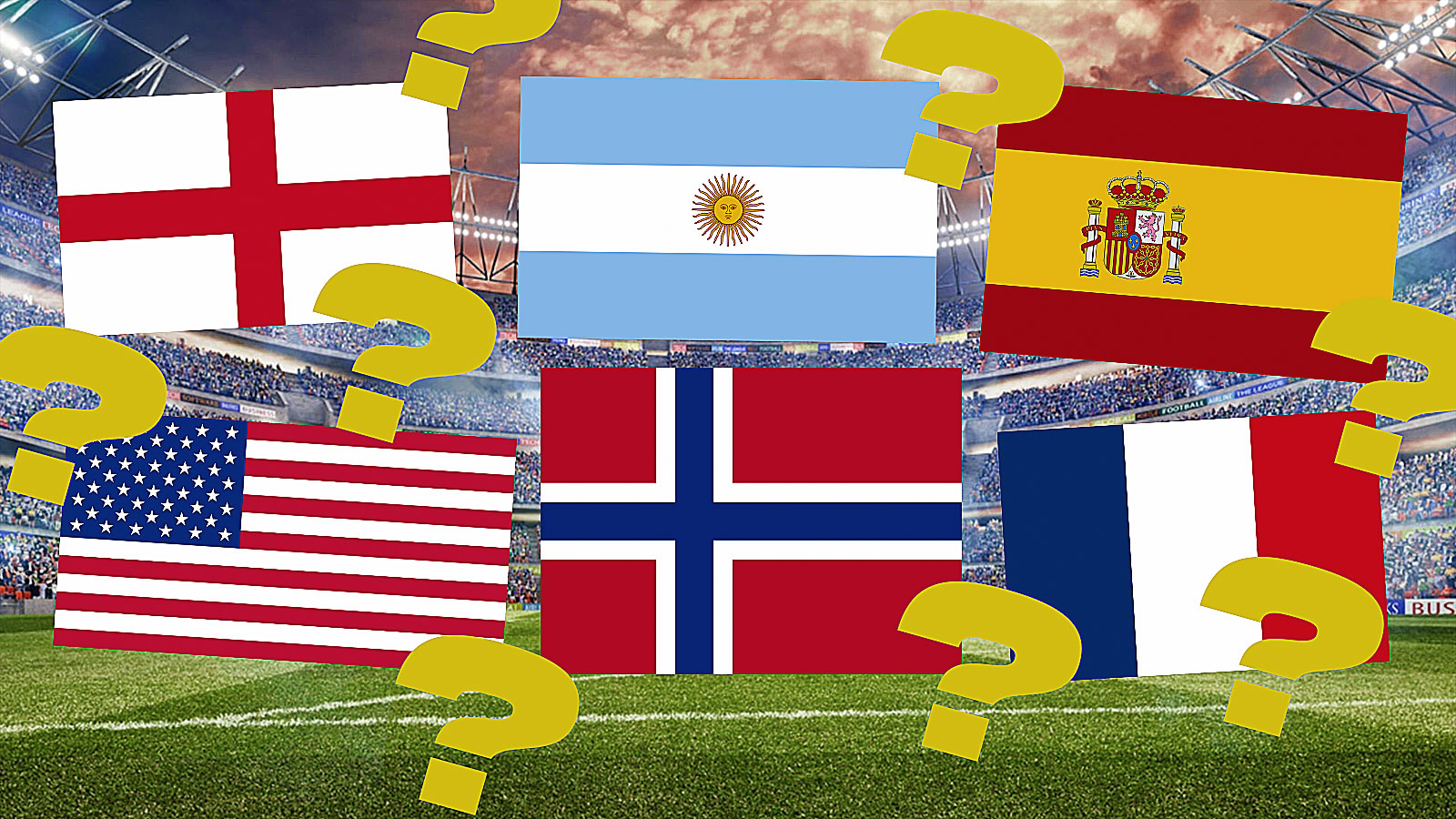 World Cup 2026 background with an England flag, Argentina flag, Spain flag, USA flag, Norway flag, and France flag, and question marks all around