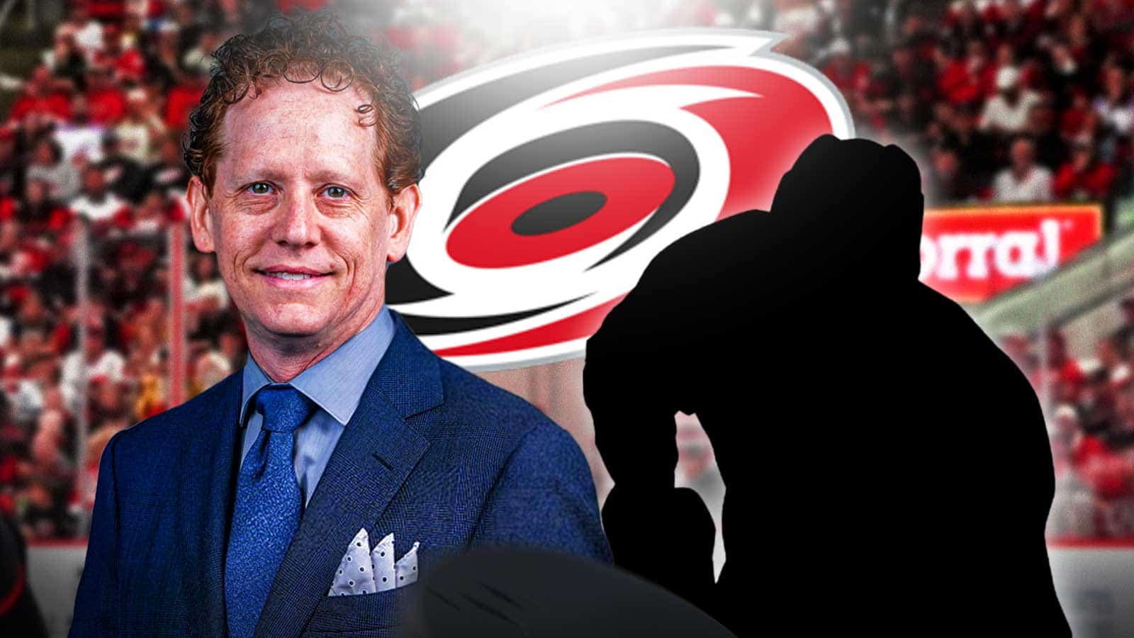 Hurricanes GM Eric Tulsky with a mystery player and the Hurricanes logo in the background.