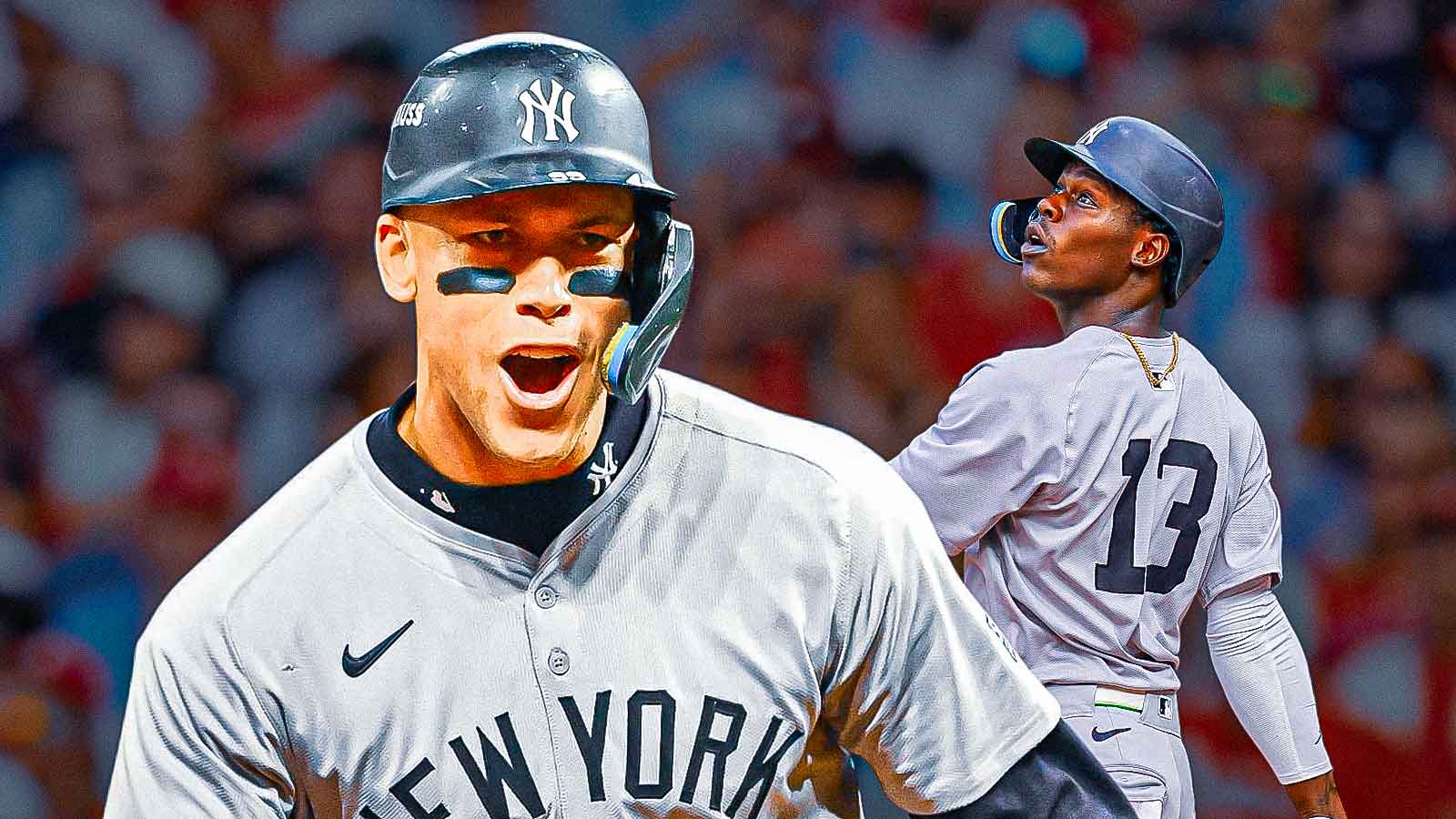 Yankees' Aaron Judge and Jazz Chisholm Jr. with Yankee Stadium behind them