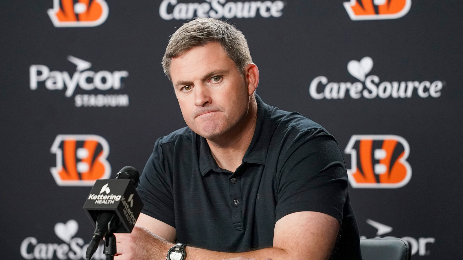 Cincinnati Bengals head coach Zac Taylor speaks with media during the 2026 NFL Draft, Saturday, April 25, 2026, at Paycor Stadium in downtown Cincinnati.