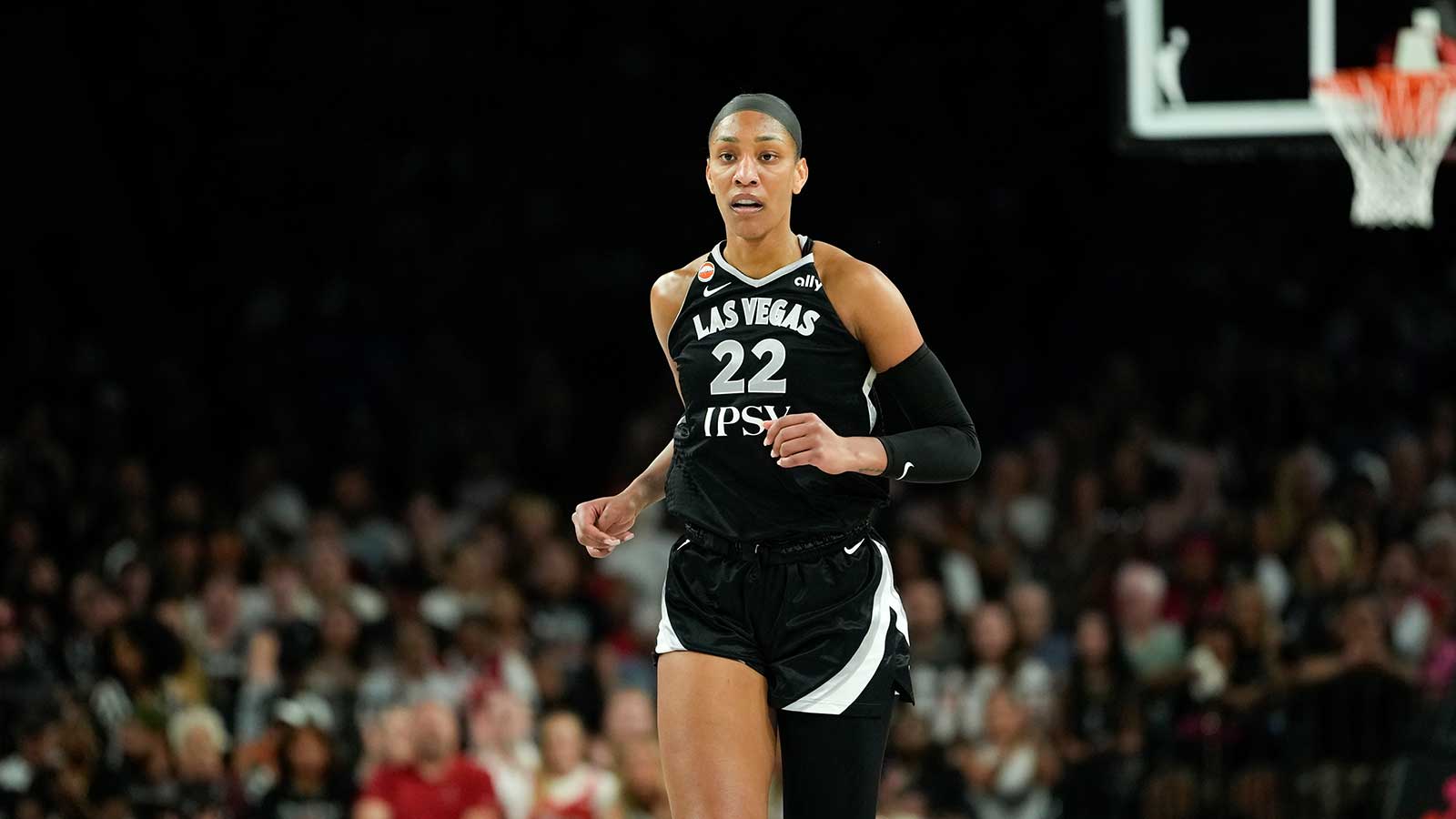 Las Vegas Aces center A'ja Wilson (22) competes during the first quarter of a WNBA basketball game against the New York Liberty at Michelob Ultra Arena.