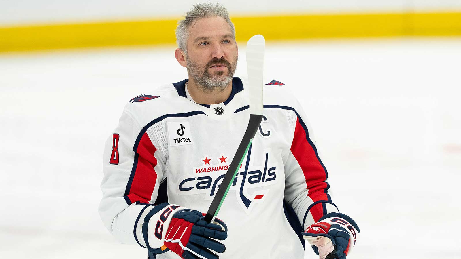 Washington Capitals left wing Alex Ovechkin (8) skates during the warmup before a game against the Toronto Maple Leafs at Scotiabank Arena.